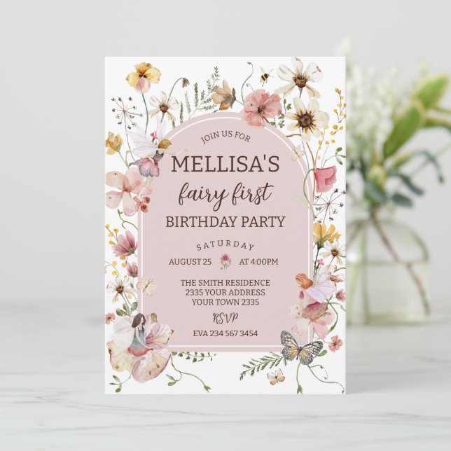 Invitation Wildflower Fairy 1st Birthday Princess Party (Debout devant)