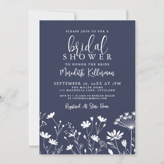 Invitation Wildflower Navy Blue Bridal Shower (Devant)