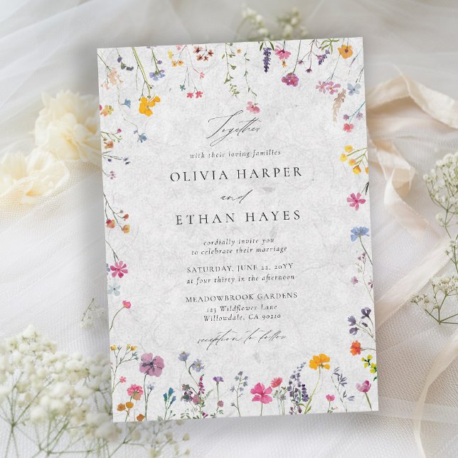 Invitation Wildflower Petal Ivory Watercolor Elegant Wedding (wildflower wedding theme invitation watercolor garden backyard barn summer spring elegant off white)