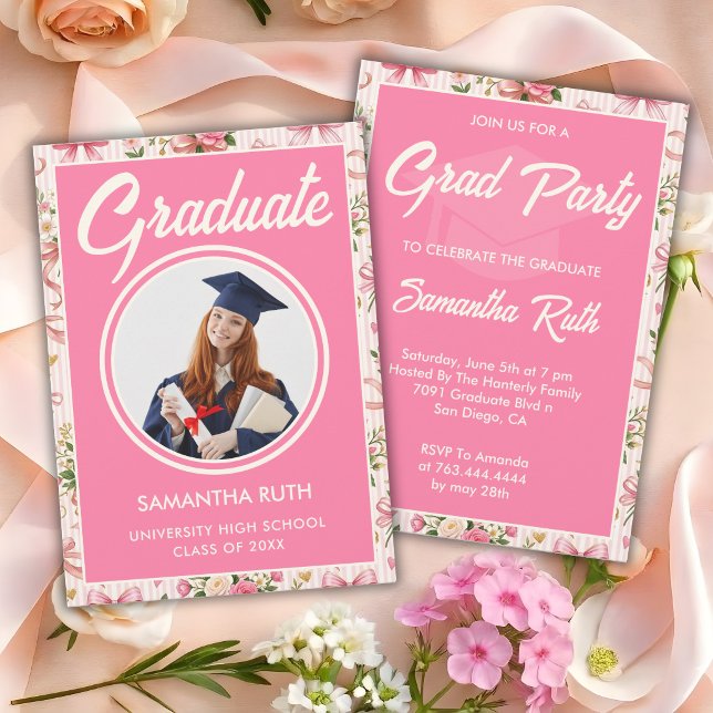 Invitation Wildflower Pink Striped Bows & Ribbons Graduation (Créateur téléchargé)