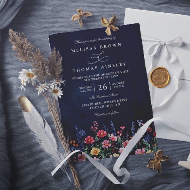 Invitation Wildflower Rustic Boho Navy Chic QR Code Wedding (Créateur téléchargé)