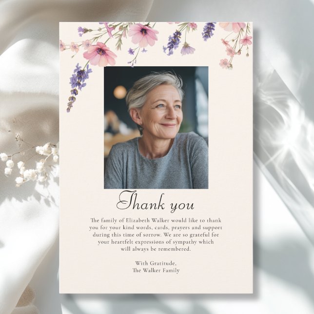 Invitation Wildflower THANK YOU Memorial Funeral Photo Card (Wildflower THANK YOU Memorial Beige Purple Funeral Photo Card)