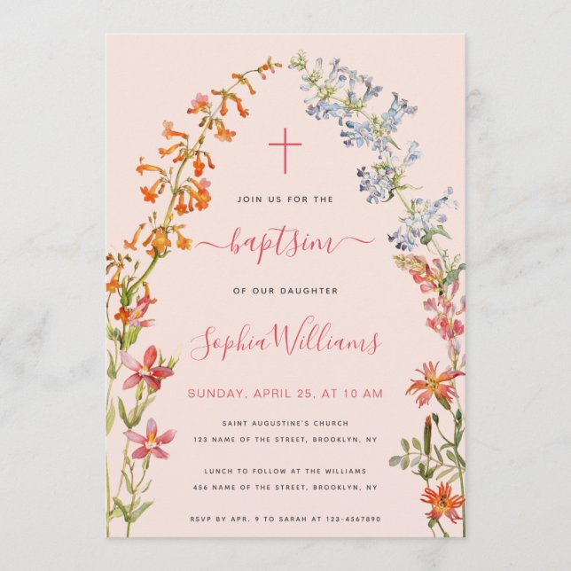 Invitation Wildflowers Baptism Pink Floral Watercolor Girl  (Devant)
