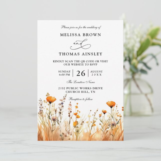 Invitation Wildflowers Elegant Modern Budget QR Code Wedding (Debout devant)