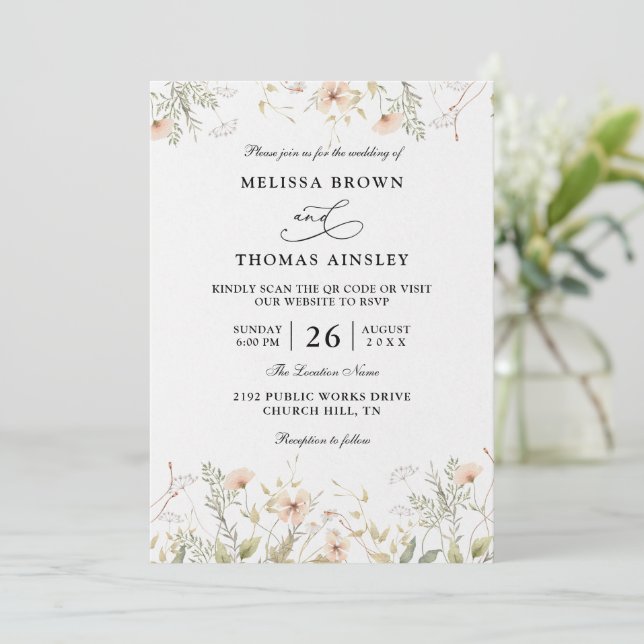 Invitation Wildflowers Elegant Modern Budget QR Code Wedding (Debout devant)