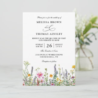 Invitation Wildflowers Elegant Modern Budget QR Code Wedding