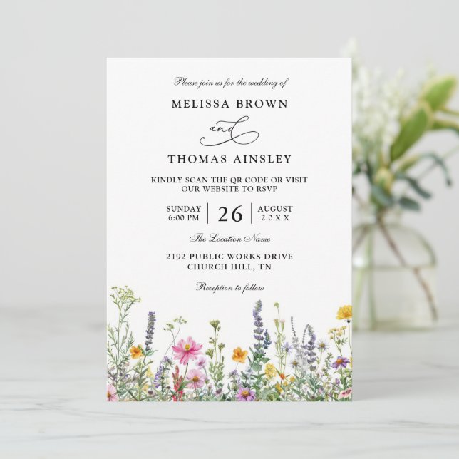 Invitation Wildflowers Elegant Modern Budget QR Code Wedding (Debout devant)