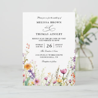 Invitation Wildflowers Elegant Modern Budget QR Code Wedding