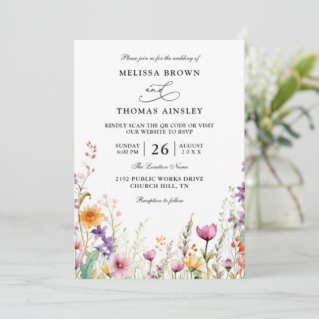 Invitation Wildflowers Elegant Modern Budget QR Code Wedding (Debout devant)