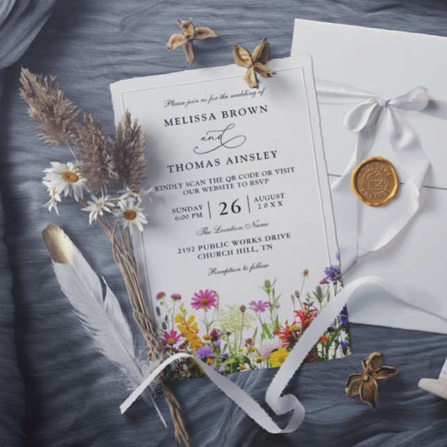 Invitation Wildflowers Elegant Modern Budget QR Code Wedding (Créateur téléchargé)