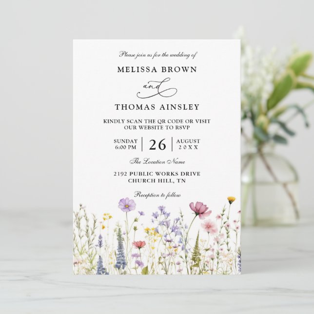 Invitation Wildflowers Elegant Modern Budget QR Code Wedding (Debout devant)