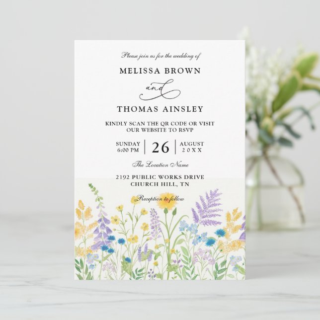 Invitation Wildflowers Elegant Modern Budget QR Code Wedding (Debout devant)
