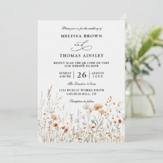 Invitation Wildflowers Elegant Modern Budget QR Code Wedding