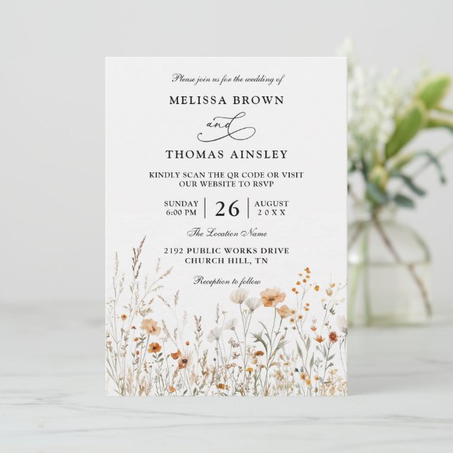 Invitation Wildflowers Elegant Modern Budget QR Code Wedding (Debout devant)