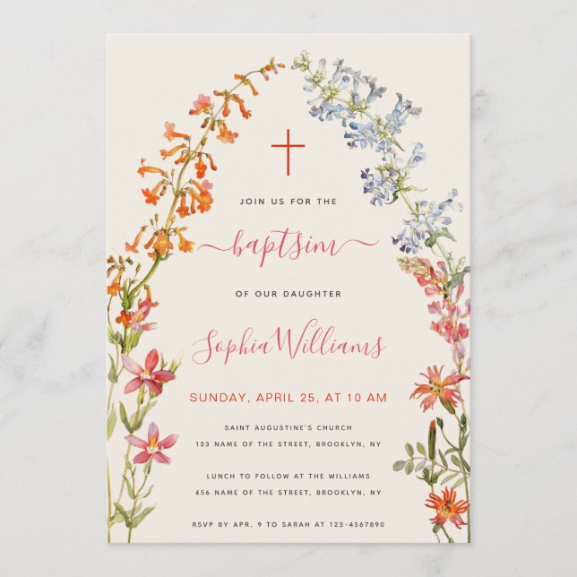 Invitation Wildflowers Girl Baptism Floral Watercolor  (Devant)