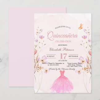 Invitation Wildflowers Glitter Dress Pink Quinceanera