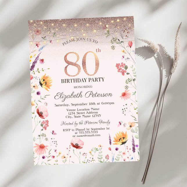 Invitation Wildflowers Glitter String Lights 80th Birthday   (Créateur téléchargé)