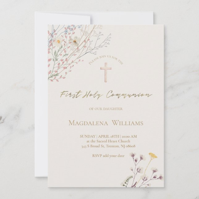 Invitation wildflowers grey beige background First Communion (Devant)