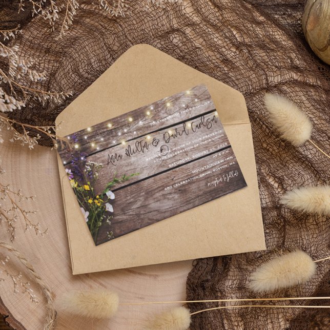 Invitation Wildflowers on Wood String Lights Rustic Wedding (Créateur téléchargé)