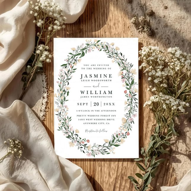Invitation Wildflowers Oval Floral Wreath QR Code Wedding (Créateur téléchargé)