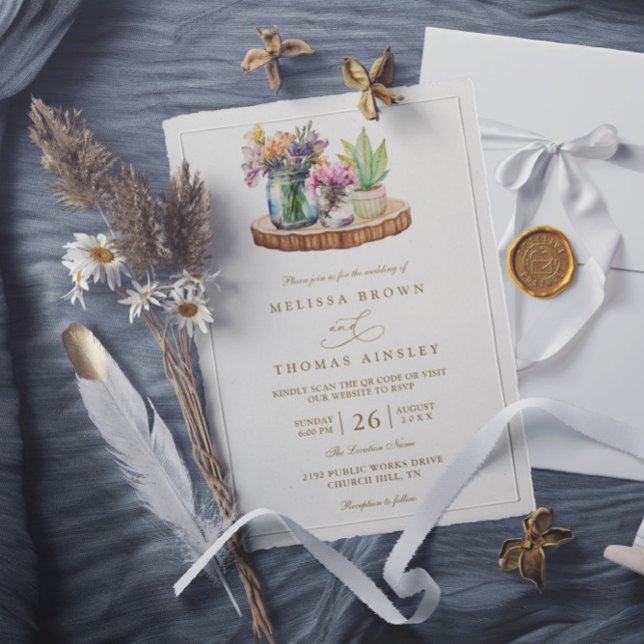 Invitation Wildflowers wood Mason Jars Boho QR Code Wedding (Créateur téléchargé)