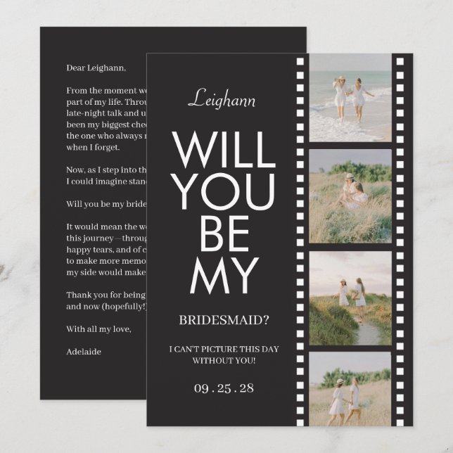 Invitation Will You Be My Bridesmaid Photo Black Reel (Devant / Derrière)
