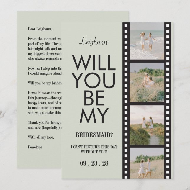Invitation Will You Be My Bridesmaid Photo Green Reel (Devant / Derrière)