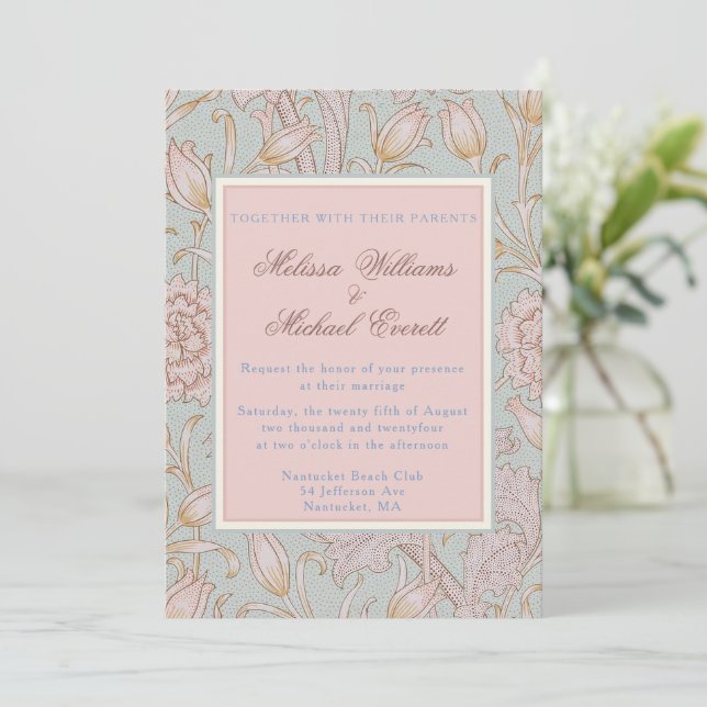 Invitation William Morris, Tulipes sauvages roses Mariage ble (Debout devant)