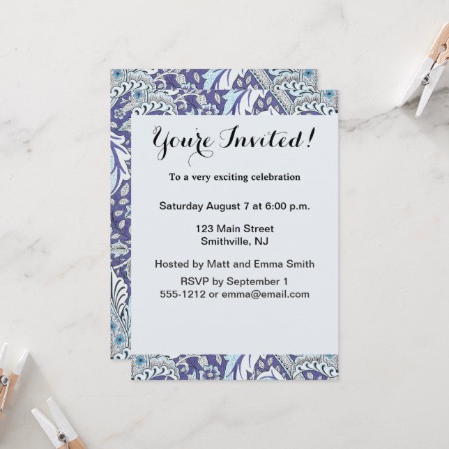 Invitation William Morris Windrush fleurs bleues (Devant/Arrière en situation)