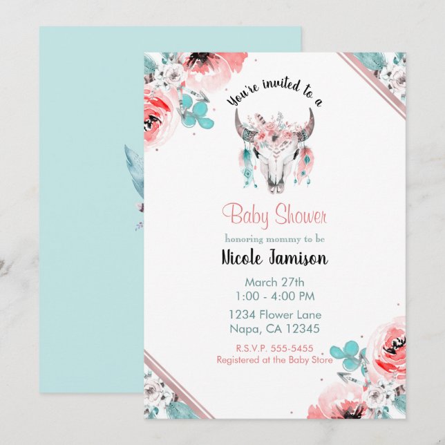 Invitation WILUN UN Baby shower Floral Chic Boho (Devant / Derrière)
