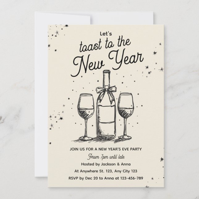 Invitation Wine Bottle and Glasses Hand Drawn New Year Party (Devant)