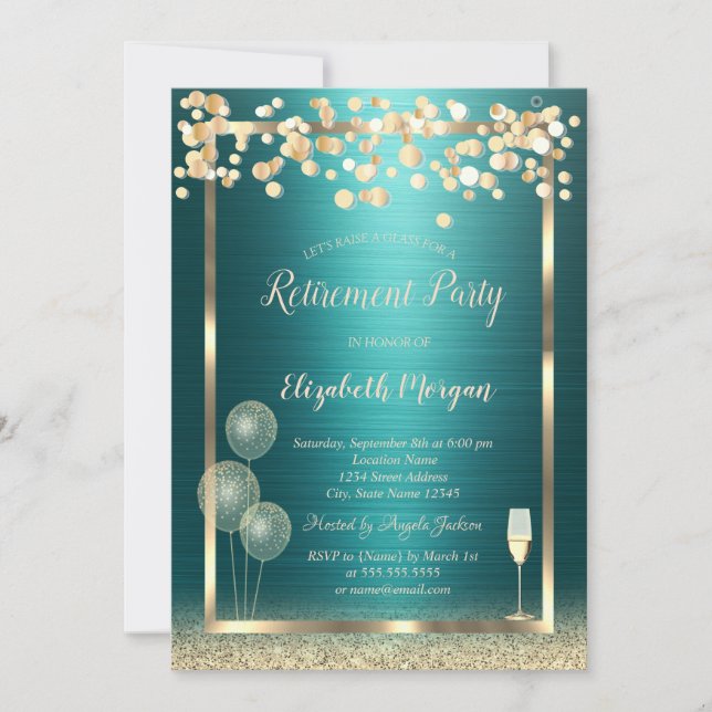 Invitation Wine Glass Balloons Gold Glitter Green Retirement (Devant)