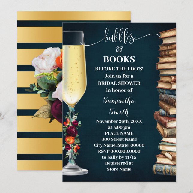 Invitation Wine Navy Bubbles & Book Before I do Bridal Shower (Devant / Derrière)