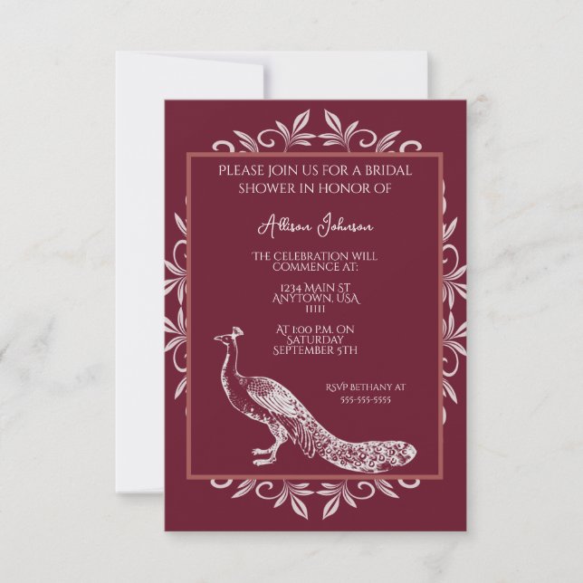 Invitation Wine Peacock Flourissant nuptiale douche Invitatio (Devant)