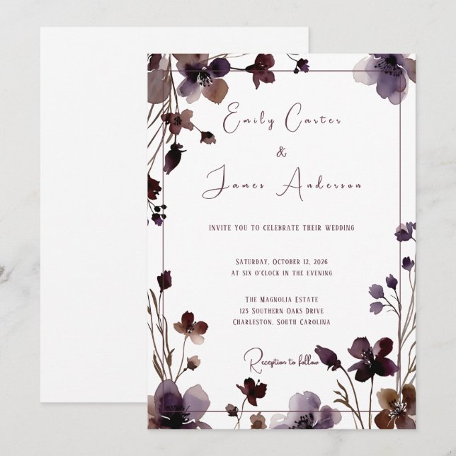 Invitation Wine Red Plum Mauve Fall Floral Wedding (Devant / Derrière)
