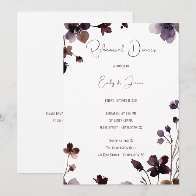 Invitation Wine Red Plum Mauve Fall Floral Wedding (Devant / Derrière)