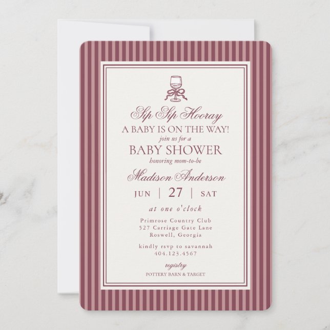 Invitation Wine Vineyard Club Old Money Striped Baby Shower (Devant)