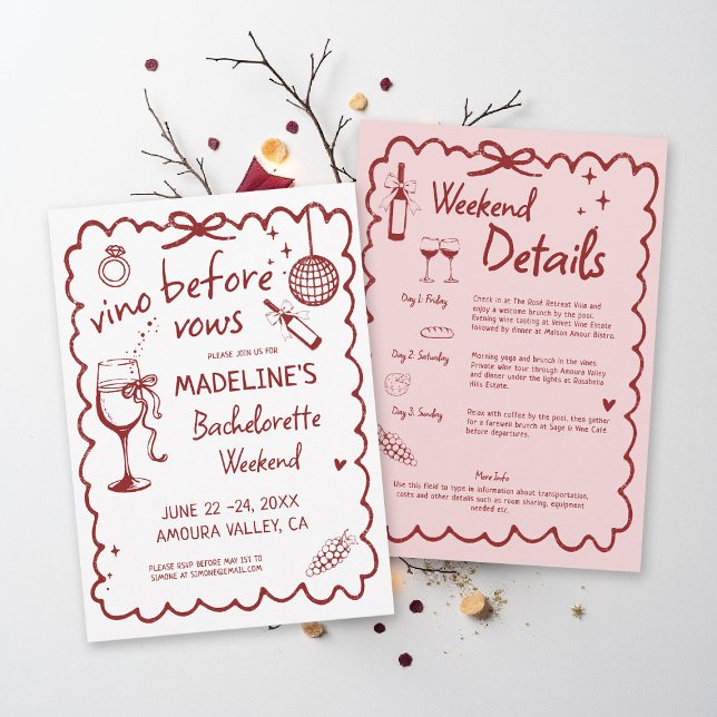 Invitation Winery Bachelorette Vino Before Vows Red Itinerary (winery bachelorette party invitation hand drawn calligraphy burgundy red pink vino before vows)