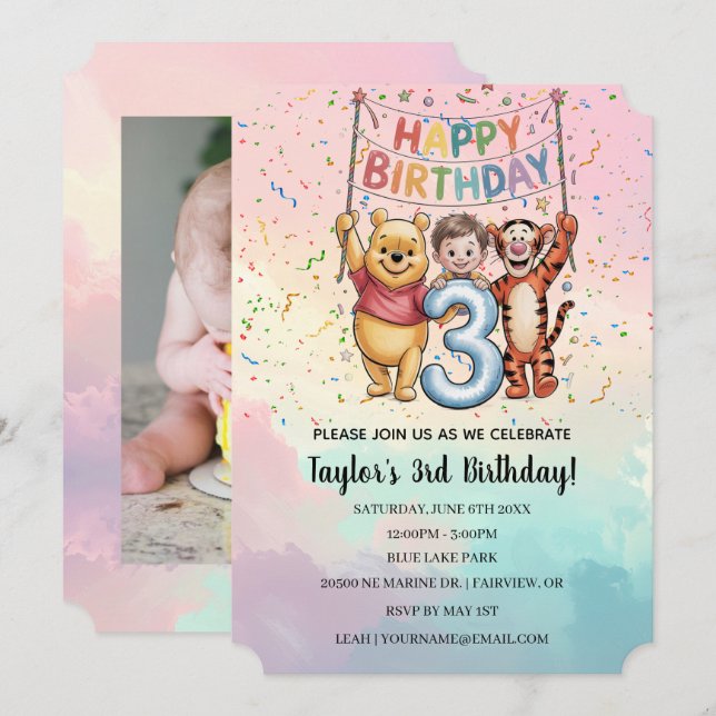 Invitation Winnie l'Ourson | Joyeux Anniversaire (Devant / Derrière)