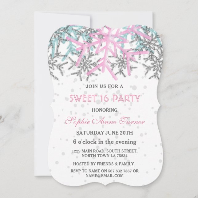 Invitation Winter Argent Rose Bleu Flocons de neige SWEET 16 (Devant)