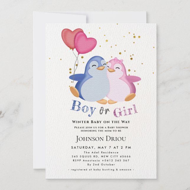 Invitation Winter Baby on the Way Winter Penguin Baby Shower  (Devant)