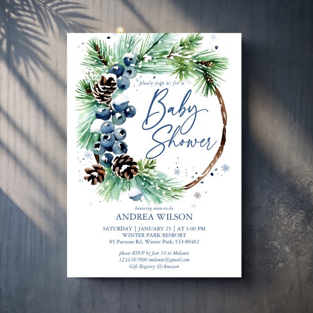 Invitation Winter baby shower snowy pines wreath dusty blue (Winter baby shower snowy pines wreath dusty blue berries invitation cards template)