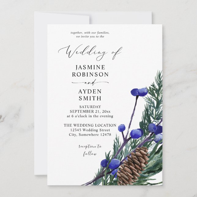 Invitation Winter Blue Berries & Pine Mariage de verdure (Devant)