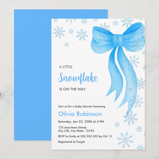 Invitation Winter Blue Bow A Little Snowflake Baby Shower (Devant / Derrière)