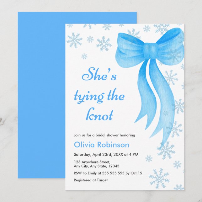 Invitation Winter Blue Bow Snowflakes Bridal Shower (Devant / Derrière)