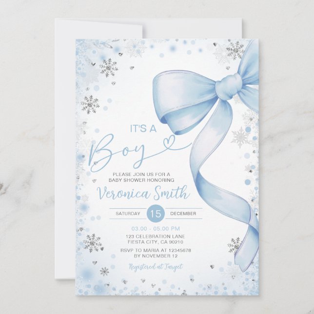 Invitation Winter Blue Bow thème fille Baby shower Coquette (Devant)