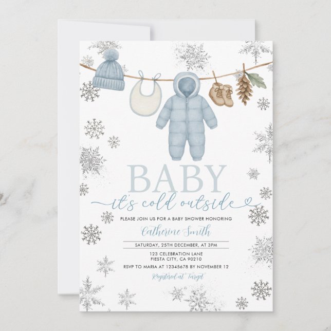 Invitation Winter Blue Boy Baby It’s Cold OutBaby shower (Devant)