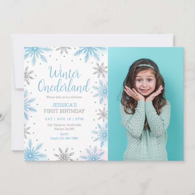 Invitation Winter Blue Onederland Girl 1er anniversaire Photo (Devant)