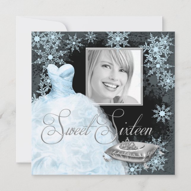 Invitation Winter Blue Snowflake Photo Sweet sixteen Party (Devant)