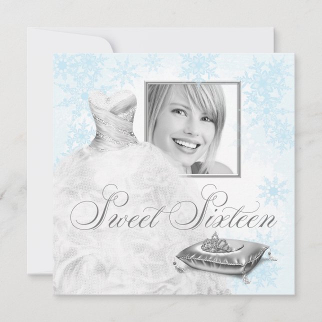 Invitation Winter Blue Snowflake Photo Sweet sixteen Party (Devant)